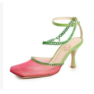 NALEBE Stellar Pump Mesh Green Pink Crystal Chain Square Toe Size 38.5